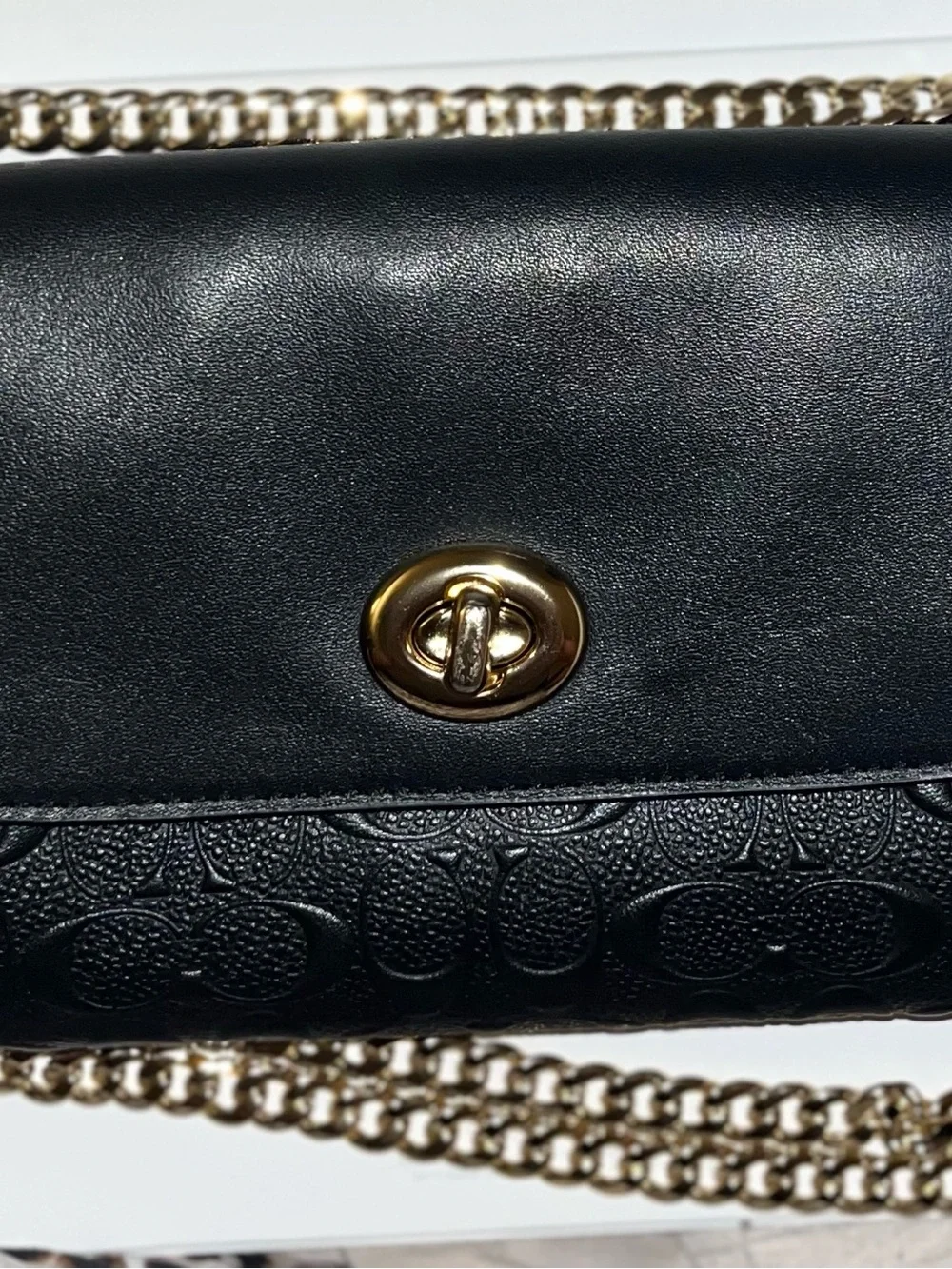 Coach Black Leather Turnlock Shoulder Bag with Gold Chain